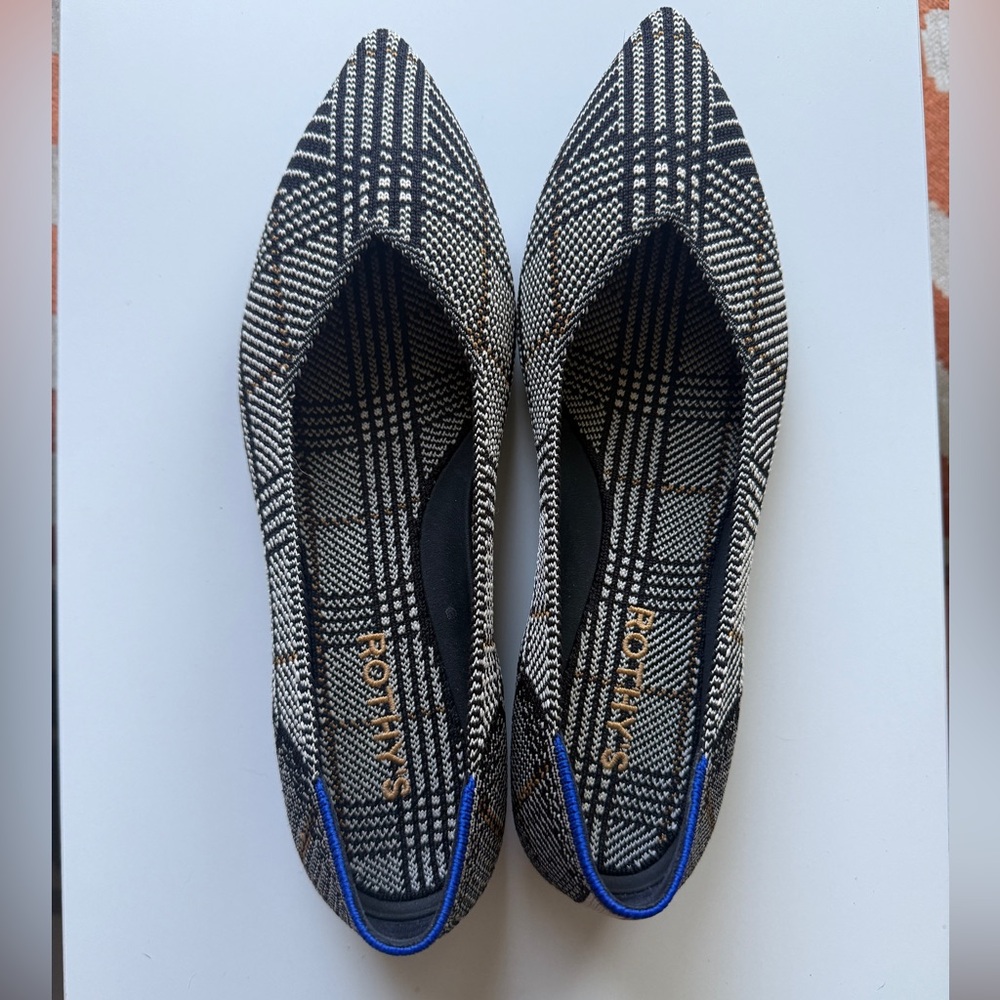 Rothy's Plaid Black and White Pointe Flats with Blue Accent